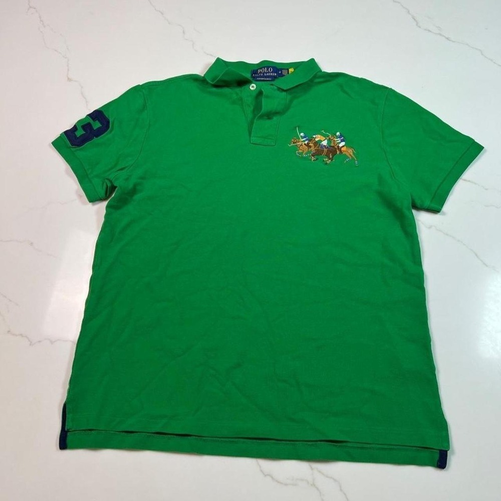 Polo Ralph Lauren Polo Shirt Mens Medium Green Big Pony Custom Slim Fit 3 Patch